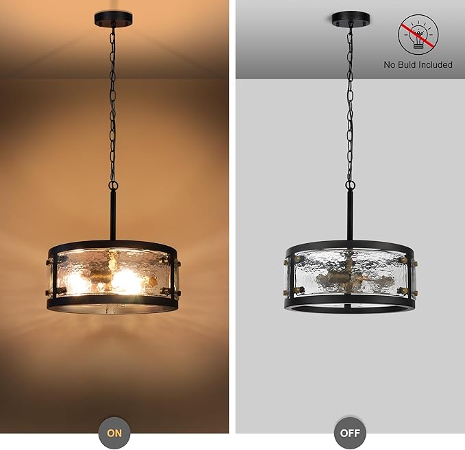 13" Industrial Drum Glass Chandelier, 3-Light Rustic Hanging Pendant Lights, Metal Round Lighting Fixture for Dining Room Foyer Entryway Hallway Bedroom, Clear Waterglass Drum Shade-HomvellaHome