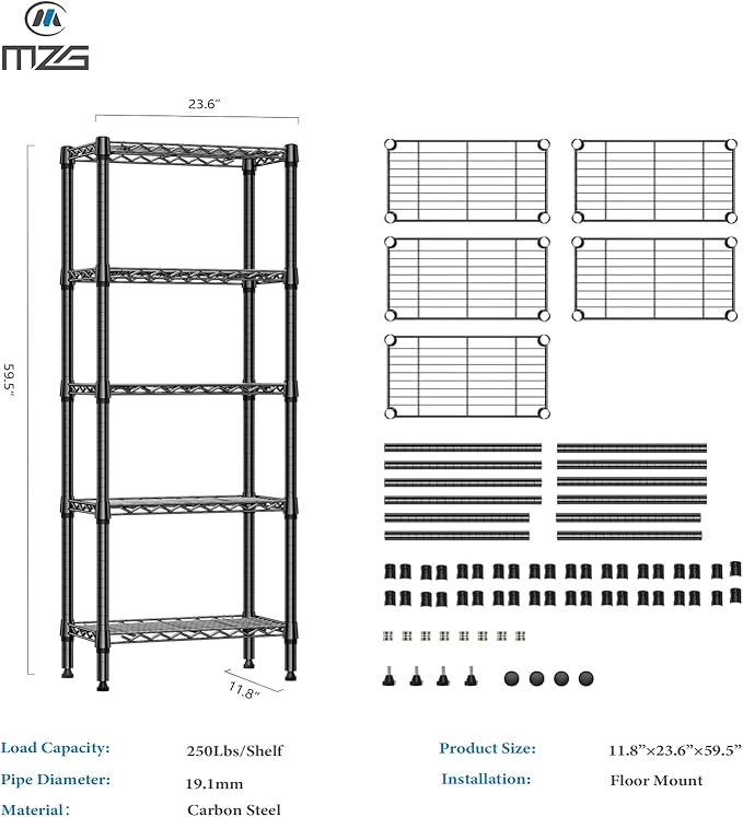 1250 lbs 5 Tier Shelf Metal Storage Shelves Wire Rack Closet Organizers for Garage Kitchen Bathroom Laundry Black 11.8" D x 23.6" W x 59.5" H-HomvellaHome