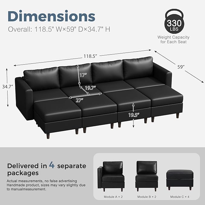 118.5" Luxury Modular Sleeper Sofa Bed with Storage Seat, 8 Seat Sectional Couch Deep Seat with Reversible Chaises & Removable Cover - Black Faux Leather-HomvellaHome