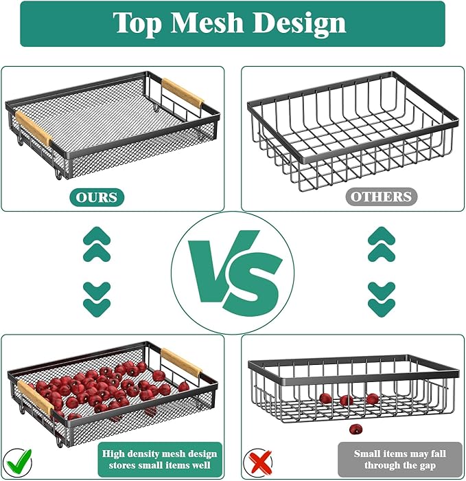 Giwil 3 Tier Countertop Fruit Mesh Basket for Kitchen, Vegetable Storage Bread Fruit Bowl Stand with 2 Banana Hooks, Wall Mounted Metal Wire Basket Organizer for Potato Onion, Black-HomvellaHome