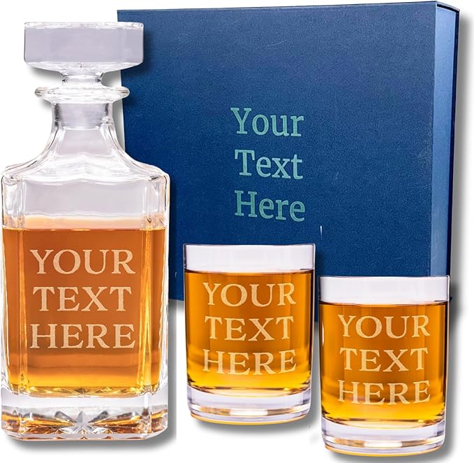 Gifts Inscribed Custom Text Whiskey Decanter & Glasses Set of 2 – Engraved Glass Cups Drinking Glasses Set of 2 – Personalized Whiskey Glasses Drinking Set – Customized Whisky Glassware Gift for Him-HomvellaHome
