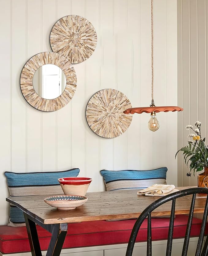 TEIPAI Boho Decorative Mirror for Living Room, 3PCS Handcrafted Mother of Pearl Mirror Wall Decor for Home Dorm Apartment Hallway Staircase, Mosaic Art Plates for Wedding Decoration (Dark Brown)-HomvellaHome