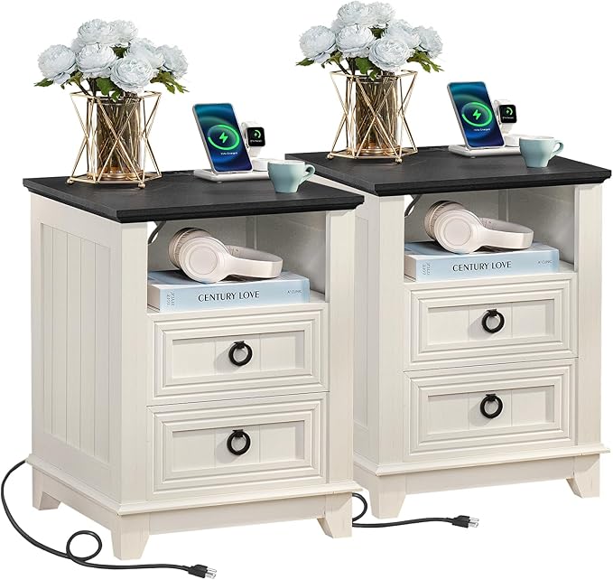 18" Farmhouse Night Stands Set of 2 with Charging Station, 2 Drawers End Table Dresser for Bedroom， Wooden Nightstand, Bed Side Table with Open Shelf, Bedside Cabinet for Living Room（White）-HomvellaHome