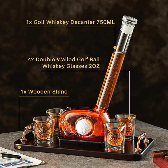 Golf Whiskey Decanter Set with 4 Golf Ball Shot Glasses, Unique Golf Gifts for Men Women, 750ml Golf Themed Liquor Dispenser, Golf Club Drink Dispenser for Bourbon, Scotch, Vodka, Tequila-HomvellaHome