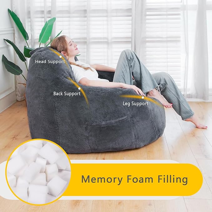 Giant Bean Bag Chair, Oversized Bean Bag Chairs for Adults and Kids, Gaming Chair Stuffed Memory Foam | Storage | Non-Slip, Removable Bean Bag Sofa Comfy Chair for Bedroom, Livingroom (Grey)-HomvellaHome