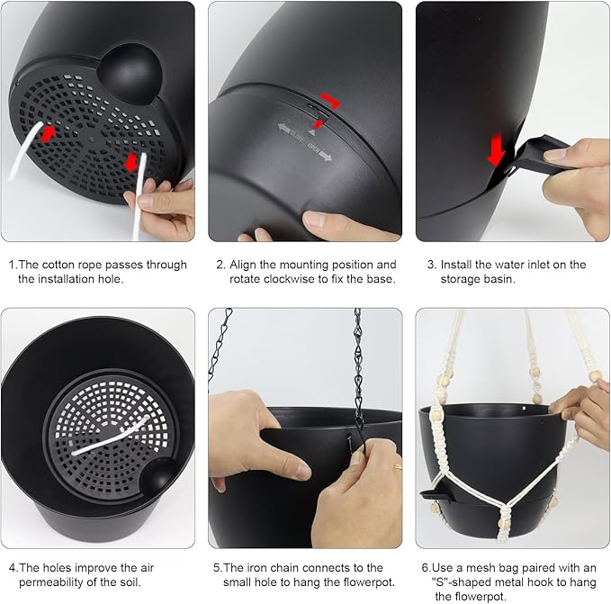 10 inch Self Watering Hanging Planters, 2 Pack Hanging Baskets for Indoor Outdoor Plants, Hanging Flower Pots with Drainage Holes & 2 Kinds of Plant Hangers for Garden Home Decor, Black-HomvellaHome