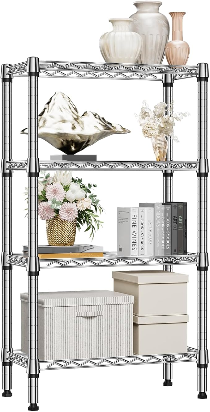 1000 lbs 4 Tier Shelf Metal Storage Shelves Wire Rack Closet Organizers for Garage Kitchen Bathroom Laundry Chrome 11.8" D x 25.6" W x 45.5" H-HomvellaHome