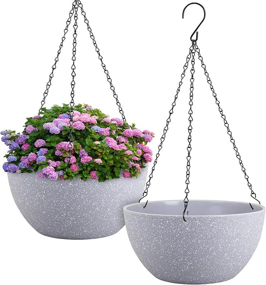 12 inch Large Hanging Planters for Indoor Outdoor Plants, 2 Pack Hanging Flower Pots with Drainage Holes and Chain for Garden Porch, Plastic Hanging Baskets for House Plants, Speckled Grey-HomvellaHome