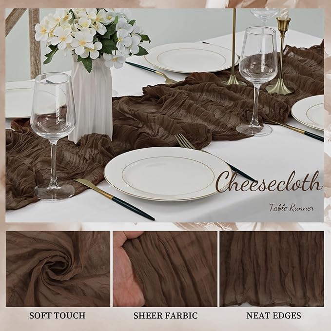 10FT 6 Pack Brown Cheesecloth Table Runner 20 x 120 Inch Long Boho Fabric Rustic Cheese Cloth Table Runner for Wedding Bridal Shower Baby Shower Gauze Sheer Birthday Party Table Decorations-HomvellaHome