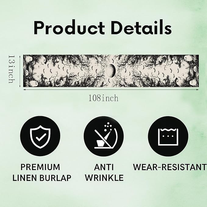 GPGHE Halloween Table Runner Black Ghost Holiday Burlap Table Decoration Indoor Outdoor Home Decor Party Supply 13 x 108 Inch-HomvellaHome