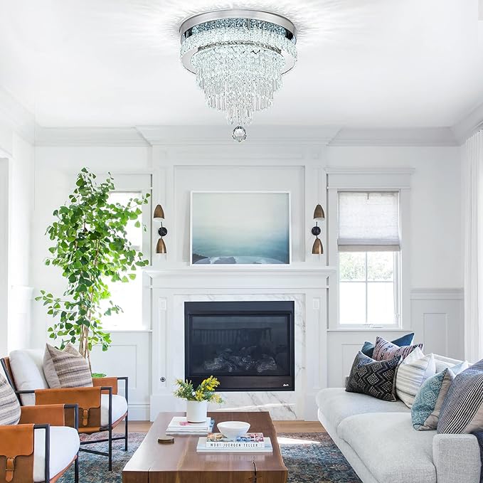 16“ Crystal Chandeliers Light Flush Mount Ceiling Light Fixtures Round Modern LED Chandelier for Living Room Bedroom Dining Room Closet Hallway (Cool White)-HomvellaHome