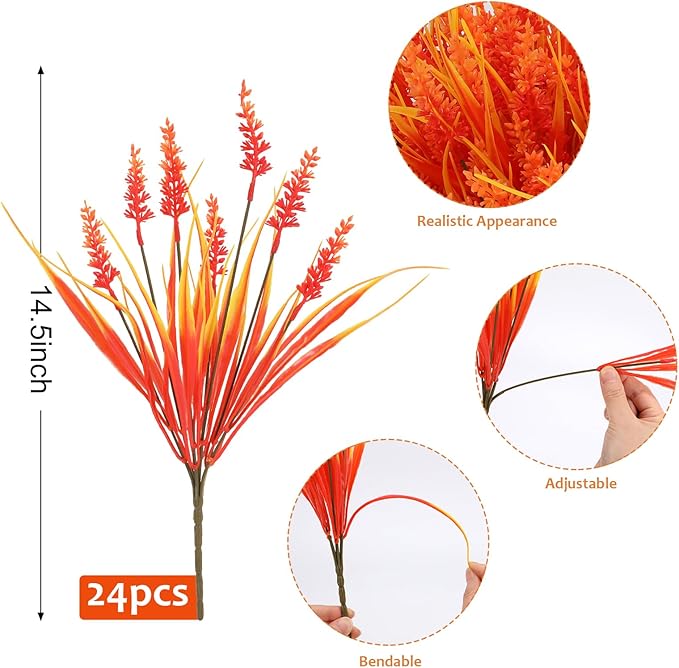 Geegoods 24 Bundles Artificial Fall Flowers Outdoor – Faux Lavender Flowers with Monkey Grass UV Resistant Plastic Faux Plants for Garden Porch Patio Home Decor, Autumn Color-HomvellaHome