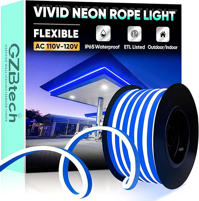 GZBtech Flexible LED Neon Rope Lights 33FT,AC 110-120V Waterproof Strip Light, 120 LEDs/M Cuttable Connectable Neon Lighting for Indoor Outdoor Home Decor/Commercial Building Use-Blue 10M-HomvellaHome