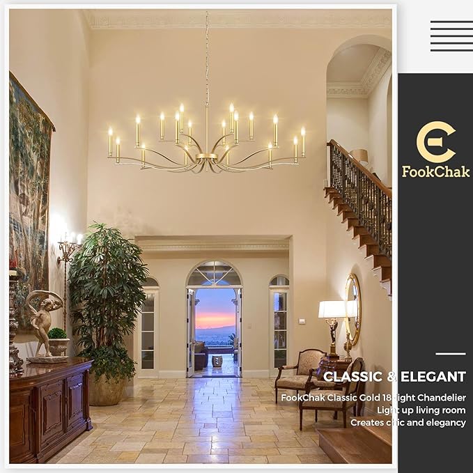 18 Light Gold Living Room Chandelier High Ceiling Foyer Candle Chandelier Large Modern Brass 59in Metal Chandeliers Hanging Light for Master Bedroom Dining Room Light Fixture Over Table-HomvellaHome