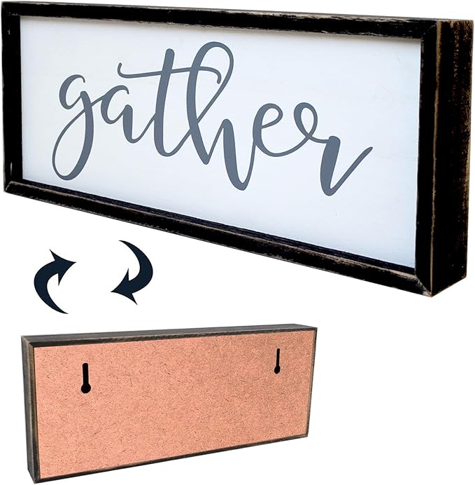 Gather Sign for Home Decor in Grey - Farmhouse Kitchen Dining Room Wall Decor - Rustic Wall Decoration Solid Wood Thick Black Frame 12x5 Inches-HomvellaHome