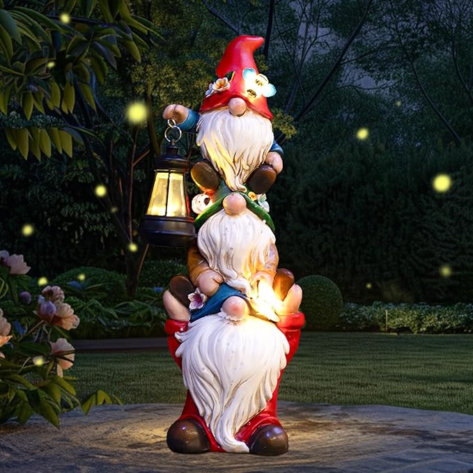 17 in Large Garden Gnome Statue with Solar Lights Sculptures Funny Triple Big Gnome Outdoor Patio Lawn Yard Balcony Garden Home Decor Gifts for Women Mom-HomvellaHome