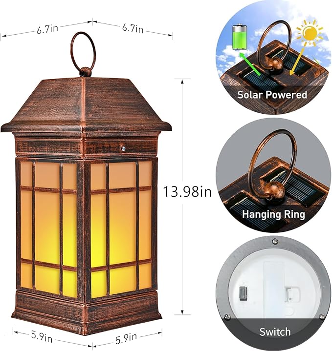 14" Solar Lantern Outdoor Waterproof, Glass Flickering Flame Solar Lanterns, Hanging Metal Lantern Decorative for Patio Front Porch Garden Backyard Tabletop Party Decoration-HomvellaHome
