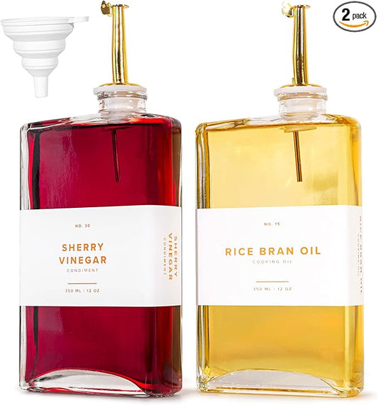 Glass Olive Oil Dispenser Bottle Set [2x12oz]: 36 Premium Gold Labels, Oil Dispenser for kitchen, Vinegar Bottle Set, Glass Dispensers for Soy Sauce, Syrup Bottles | Set of 2-HomvellaHome