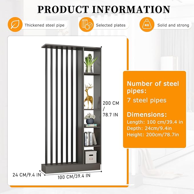 Wall Room Divider,Freestanding Room Divider with Shelves,Wood Room Divider Screen with Storage Cabinet, Wall Divider for Room Separation, for Home Office Decorative D 39.4×9.4×78.7in-HomvellaHome