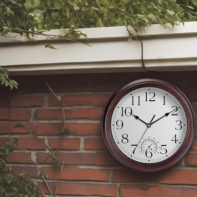 12 Inch Outdoor Wall Clock with Thermometers, Vintage Silent Wall Clocks Battery Operated, Retro Non-Ticking Clock Decorative for Living Room, Patio, Kitchen, Office, Bathroom, Bedroom(Bronze)-HomvellaHome