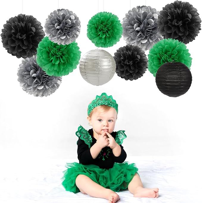 Green-Black Silver Party-Decorations Paper Flowers Lanterns - 15PCS Football Game Day Birthday Tissue Pom Poms Streamers, Bachelorette New Years Hanging Supplies Decor Hugfond-HomvellaHome