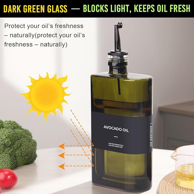 Glass Multi-Purpose Kitchen Dispenser Set | Universal for Olive Oil, Vinegar, Soy Sauce, and Syrup with Stainless Steel Pourers,2-Pack Dark Green,Avoid Sunlight-HomvellaHome