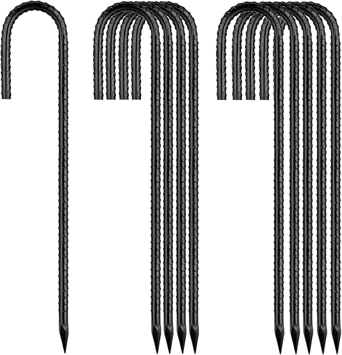 Ground-Stakes-Heavy-Duty-12 inch, J-Hook Rebar Stakes Black Coated Anti-Rust 10pcs Garden Stakes Metal Ground Anchors for Garden Dog Fence Chicken Coop Christmas Decorations Deer Fence-HomvellaHome