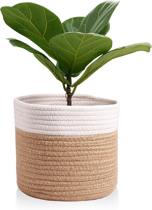 11" Cotton Rope Plant Basket Modern Woven Baskets for 10" Flower Pot Floor Indoor Planters,Storage Organizer Baskets Home Decor,Brown White 11"x 11"-HomvellaHome