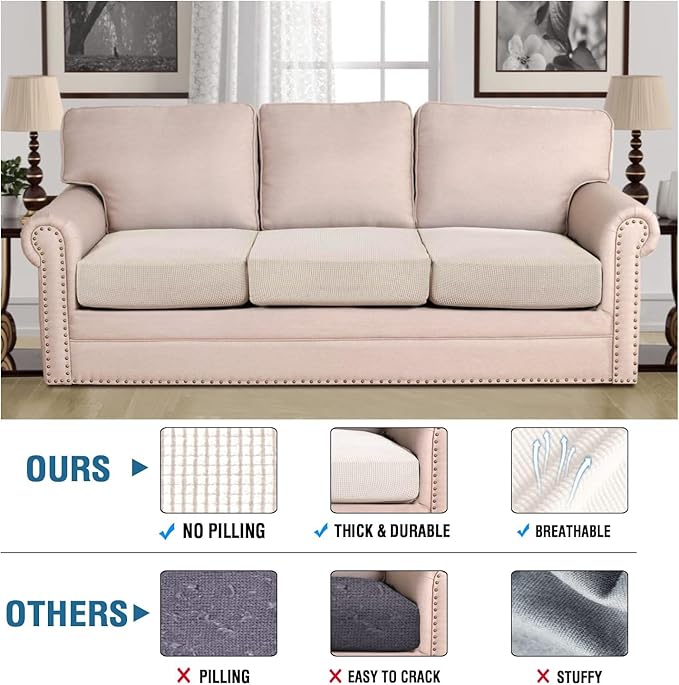 H.VERSAILTEX Super Stretch Individual Seat Cushion Covers - Sofa & Couch Cushion Slipcover Sets - Thick Jacquard Textured Twill Fabric (3 Piece XL, Ivory)-HomvellaHome