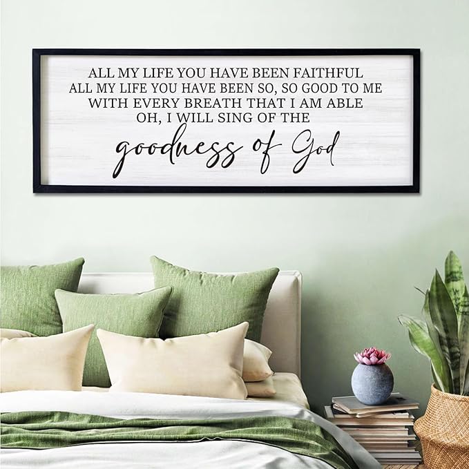 Goodness of God Framed Wall Art, 40''×15'' Positive Religious Black Bible Verse for Christian God Jesus Christ Prayer, Vintage Rustic Long Holy Catholic Scripture Decor-HomvellaHome