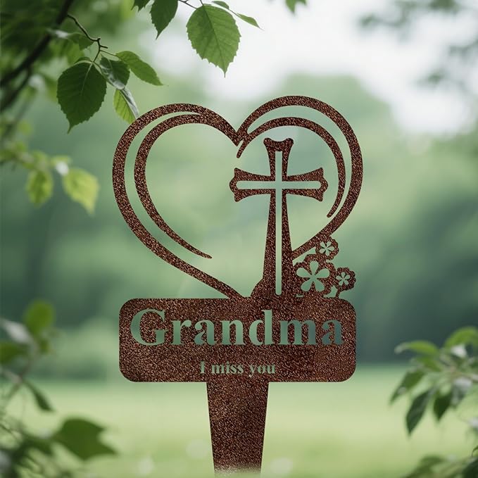 Grandma Memorial Grave Stake, Cemetery Decorations for Grave Markers 12.5 x 7.2 inch Heart Metal Sympathy Stakes Graveside Plaque Decor Sign for Grandma Graves, Yard, Garden - Rust-Grandma-HomvellaHome