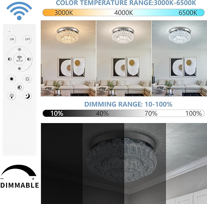 11.8" LED Chandelier 2-Layer Crystal Ceiling Light Fixture with Remote Control Flush Mount Chandelier Light for Hallway Bedroom Living Room Kitchen Foyer(dimmable)-HomvellaHome