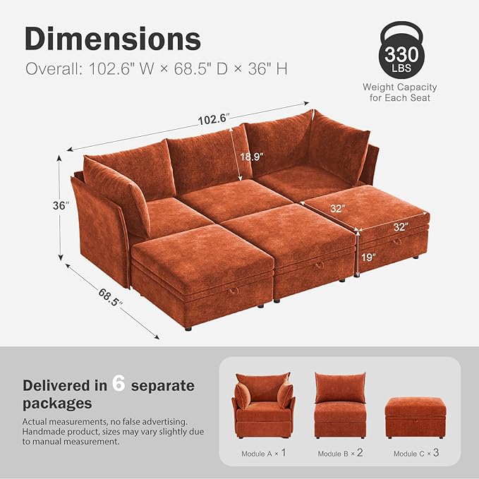 102.6" Luxury Modular Sleeper Sofa Bed 6 Seat Reversible Sectional Couch Deep Seat with Storage Chaises Removable Cover for Living Room, Apartment - Chenille Terracotta Orange-HomvellaHome