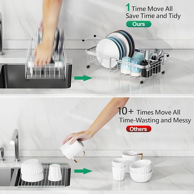 GSlife Expandable in Sink Small Dish Drying Rack - Stainless Steel Capacity Adjustable Over The Sink Dish Rack with Cup Holder (12" -16.8"), Dish Drainer for Kitchen Sink with Utensil Holder, Silver-HomvellaHome