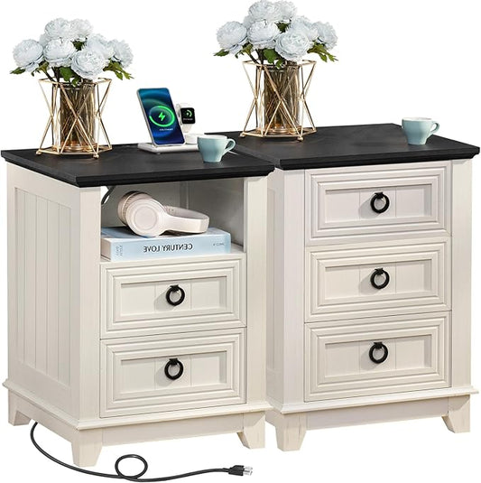 18" Farmhouse Night Stands Set of 2 with Charging Station, 2 & 3 Drawers End Table Dresser for Bedroom, White Wooden Nightstand, Bed Side Table with Open Shelf, Bedside Cabinet for Living Room-HomvellaHome