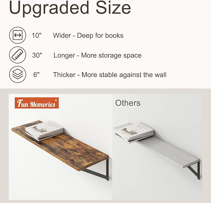 10 Inch Deep Floating Shelves, Floating Shelves 30 Inch Long, Rustic Wood Wall Shelves 30"W x 10"D, Deep Floating Shelf with Bracket, Wide Storage Shelves for Living Room, Bathroom, Rustic Brown-HomvellaHome