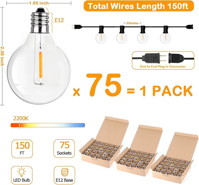 150FT LED Globe Outdoor String Lights, Dimmable Patio With 75+2 G40 Shatterproof Bulbs, Waterproof Outside Hanging, 2200K Commercial Backyard for Porch Bistro Party Balcony Garden-HomvellaHome