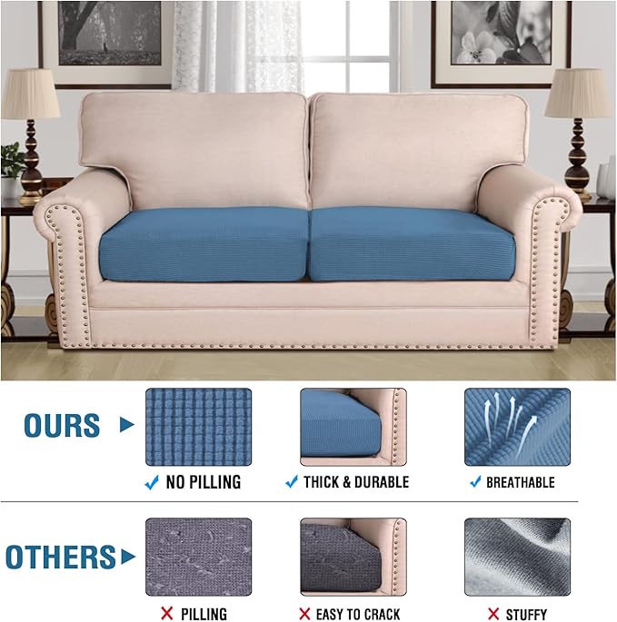 H.VERSAILTEX Super Stretch Individual Seat Cushion Covers - Sofa & Couch Cushion Slipcover Sets - Thick Jacquard Textured Twill Fabric (2 Piece Large, Dusty Blue)-HomvellaHome