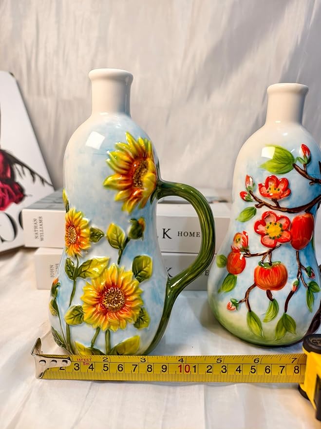 18 Oz Hand Painted Relief Ceramic Olive Oil Bottle Dispenser for Kitchen, Oil and Vinegar Bottle, Seasoning Bottle with Stainless Steel Nozzle, 540mL Oil Container with Handle for Cooking, Light Proof-HomvellaHome