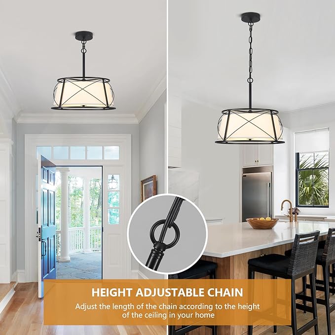 15.7" Black Drum Chandelier,3-Light Modern Farmhouse Chandelier,White Fabric Drum Shade Pendant Light Fixture for Dining Room Kitchen Island Bedroom Entryway-HomvellaHome