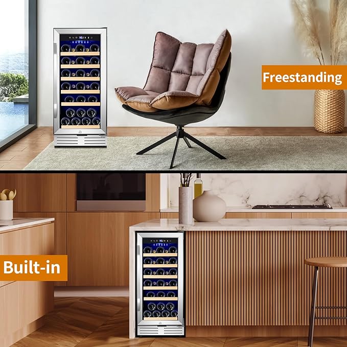 15 Inch Wine Fridge 32 Bottles Wine Cooler Refrigerator Undercounter Wine Fridge with Glass Door, LED Light, Removable Wooden Shelves, Built-in or Freestanding Wine Refrigerator for Home Office Bar-HomvellaHome