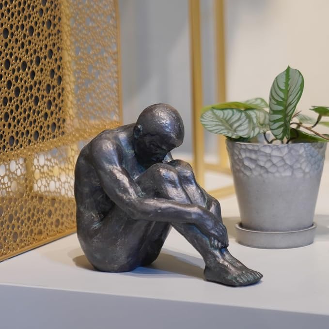 Guichifun Sitting Man Sculptures Home Decor - Resin Bronze Male Holding Arms Legs Lonely Statues Decorative Objects Outdoor Gift for Men 7.5 x 3.7 x 5.8 Inch-HomvellaHome