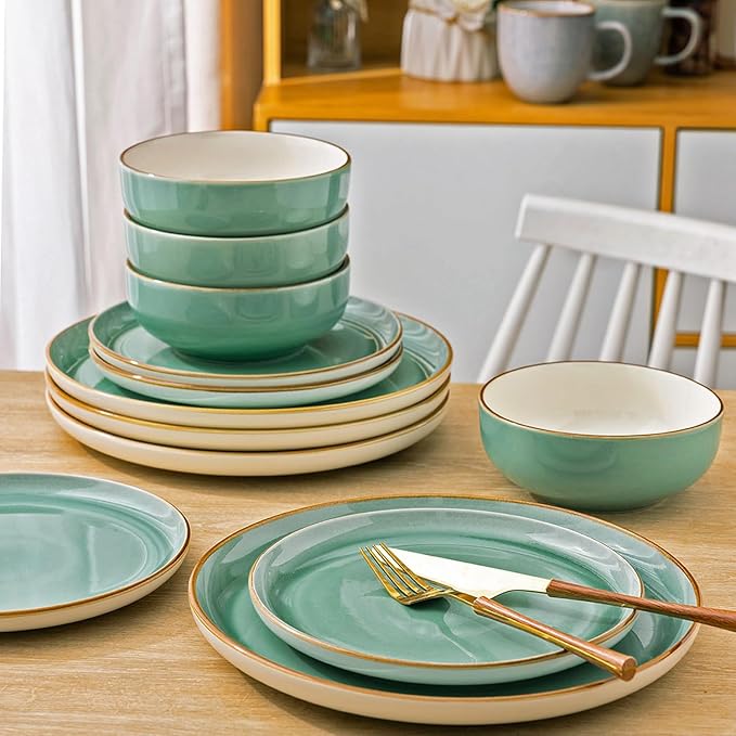 GBHOME Ceramic Dinnerware Sets, 12 Pieces Stoneware Dinnerware Set, Plates and Bowls Sets, Dishwasher & Microwave Safe,Dishes Set | Service for 4-HomvellaHome