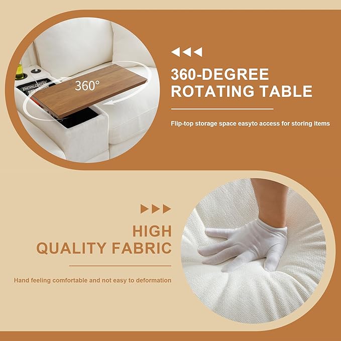 120.3" Modern L-Shaped Sectional Sofa with 360°Swivel Drop-Down Table, Storage Armrest, USB Ports & Movable Storage Ottoman – Plush Linen Cloud Couch for Lounge (Beige)-HomvellaHome