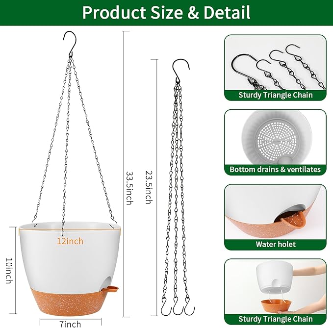 GARDIFE Large Hanging Planter, 12 inch Hanging planters for Indoor. Outdoor Plants, Self Watering Plant Pot, Plant Hanger, White-HomvellaHome