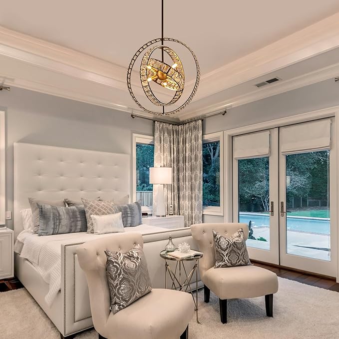 18" Crystal Globe Sputnik Chandelier, 6-Light Black Gold Modern Adjustable Hanging Ceiling Pendant Light Fixture for Entryway Foyer Stairway Bedroom Dining Living Room Hallway-HomvellaHome