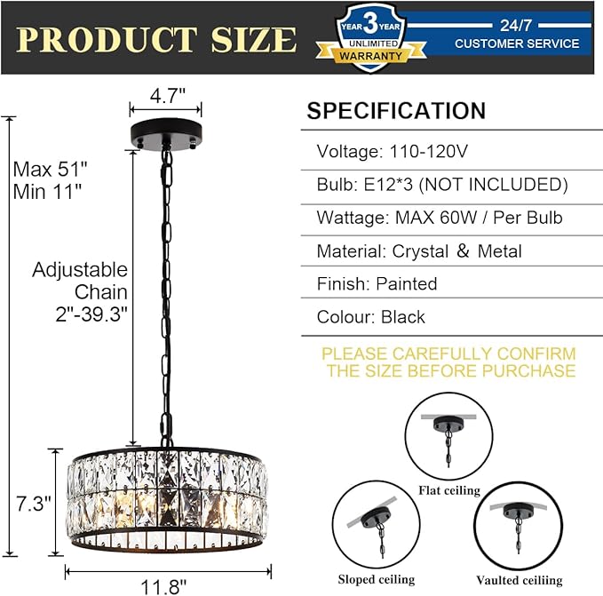 12” 3-Light Modern Crystal Chandeliers Black Dinning Room Light Fixture, Round Pendant Light Kitchen Island Chandelier, Flush Mount Ceiling Light for Living Room Entryway Bedroom Foyer-HomvellaHome