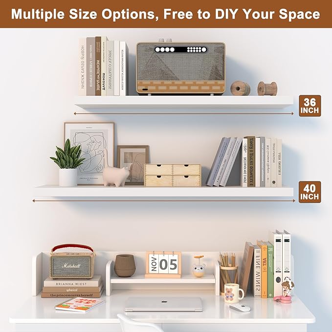 12 Inch Deep Floating Shelves for Wall 3 Pack White Floating Shelves Large Storage Space Wall Mount Shelf for Living Room Kitchen Bathroom 36" W x 12" D x 1.2" H White-HomvellaHome