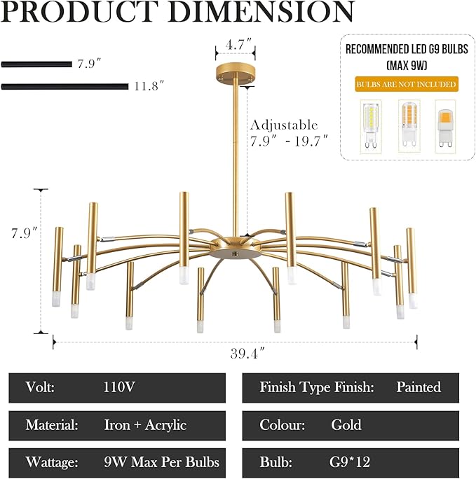 Gold Modern Chandelier 39.4" Large Chandelier Lighting Adjustable Ceiling Pendant Light 12 Light Pendant Light Fixtures for Living Room Dining Room Foyer-HomvellaHome