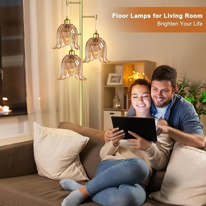 Gold Floor Lamp for Living Room,Bedroom,Tree 3 Light Standing Lamp Mid Century Modern Brass Tall Floor Lamps Vintage Retro Floor Lights Glass Flower Amber Lamp Shade Farmhouse Boho Bohemian-HomvellaHome